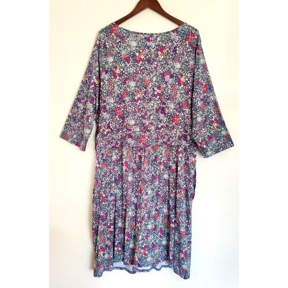 Lands End Floral Midi Dress 3X Tencel V-Neck Blue Multicolor Casual Ruched Soft - Picture 2 of 11